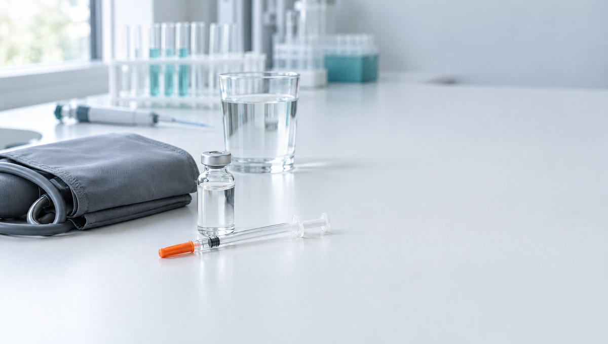 Glazen flacon zonder etiket, U-100-insulinespuit, bloeddrukmanchet en een glas water op een witte laboratoriumwerkbank