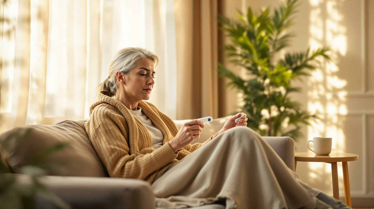 Grijs haar vrouw gewikkeld in een deken op een bank, zichtbaar ziek, met een digitale koortsthermometer in warm daglicht