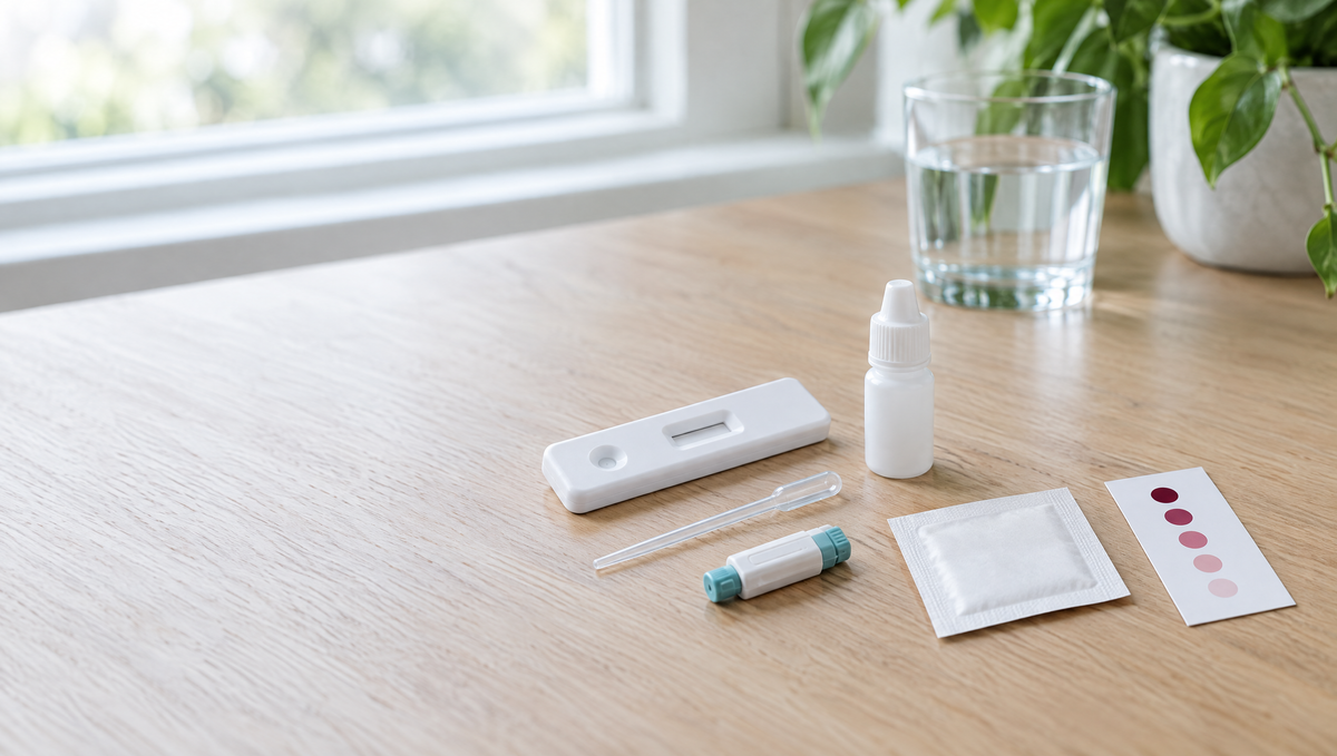 Thuis testkit voor vitamine D op een houten tafel: testcassette, bufferflesje, capillair pipet, lancet, alcoholwatten, kleurenkaart