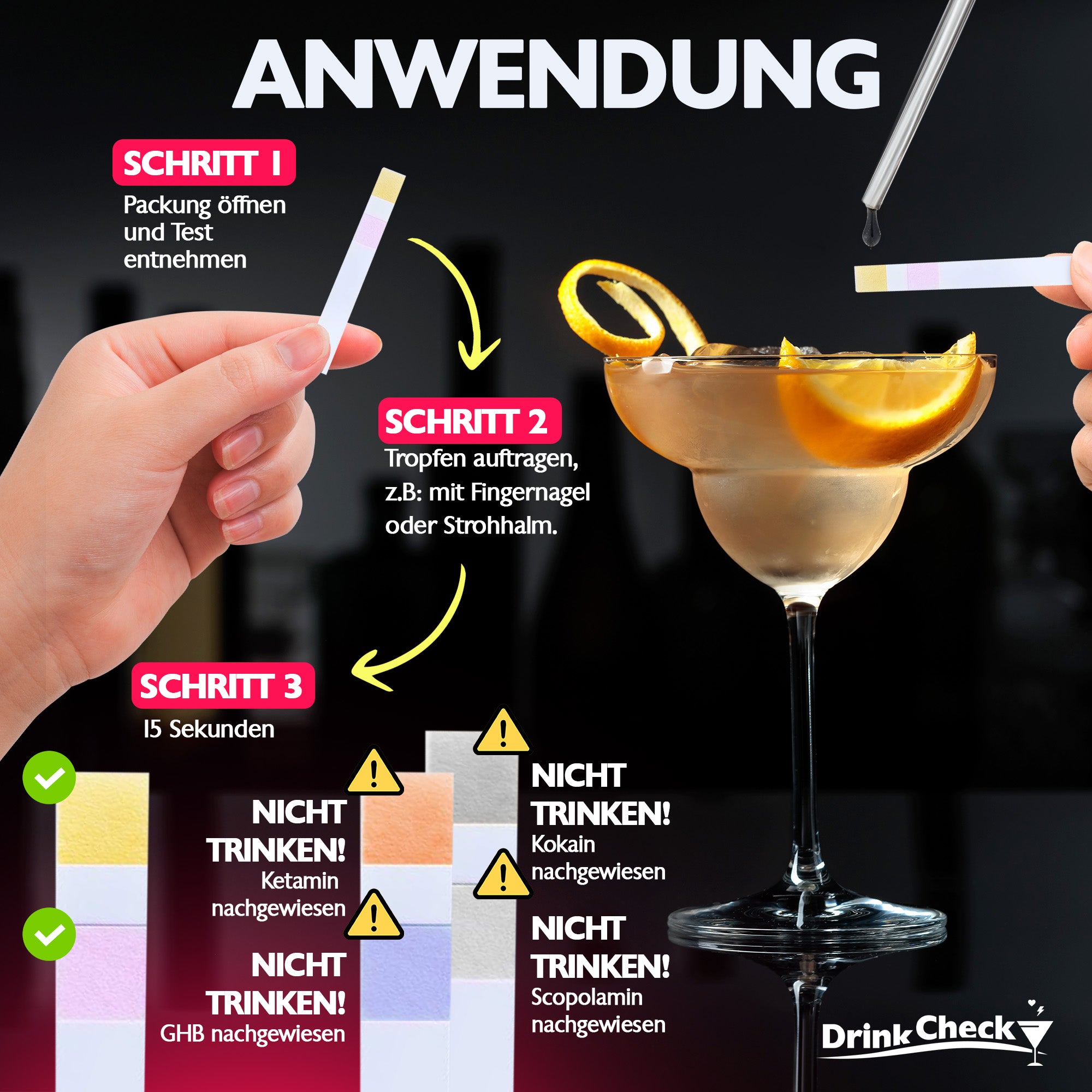 DrinkCheck Sneltest voor Date Rape Drugs voor de detectie van ketamine, GHB, scopolamine en cocaïne