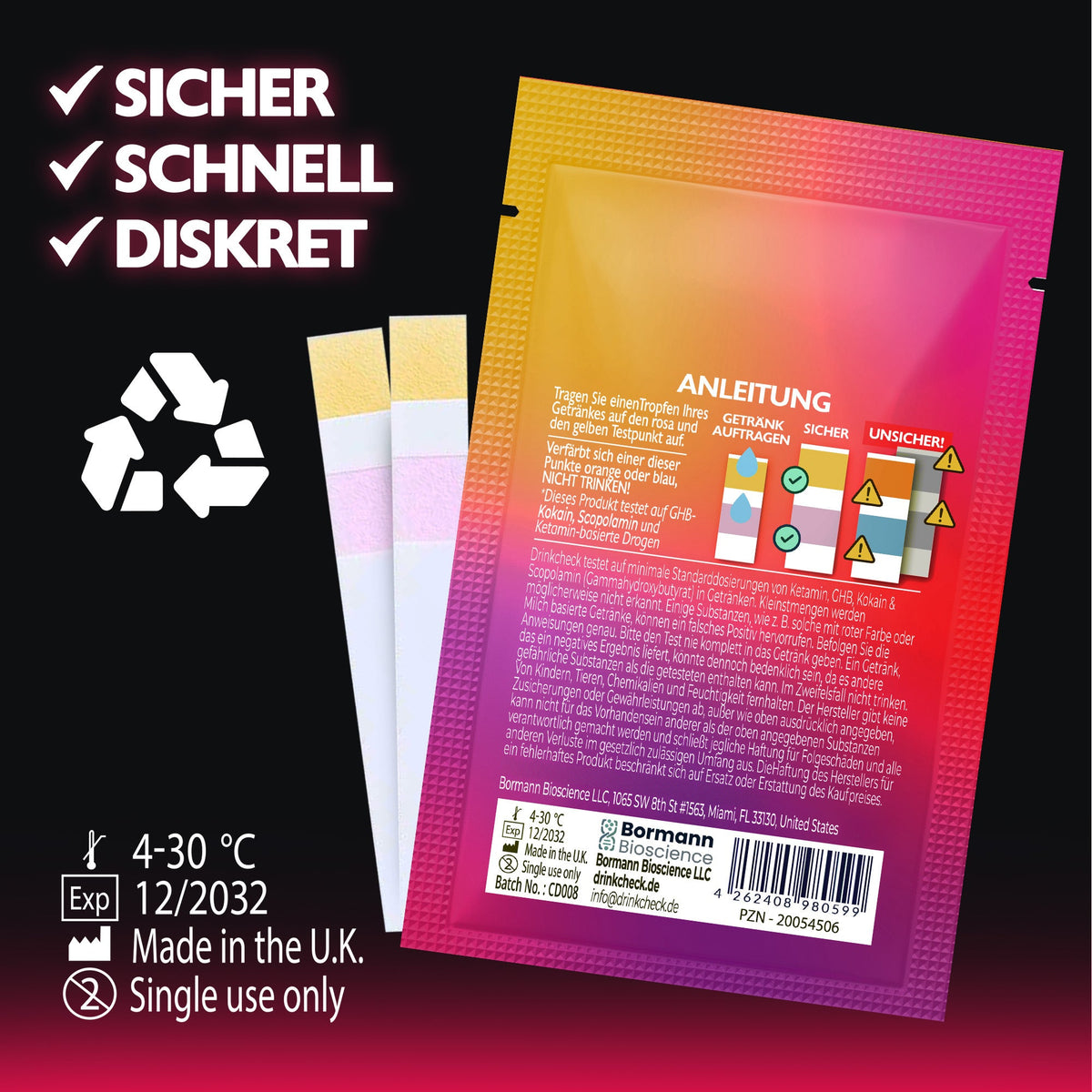DrinkCheck Sneltest voor Date Rape Drugs voor de detectie van ketamine, GHB, scopolamine en cocaïne