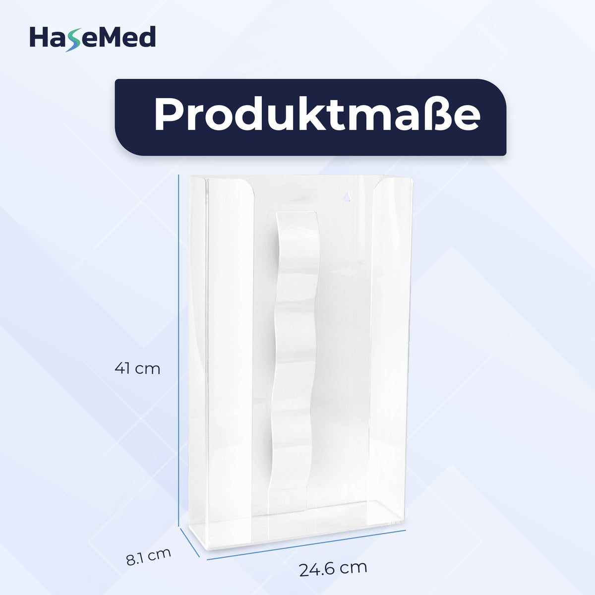 Afmetingen van de HaseMed HAS-35 houder van acryl: 41 × 24,6 × 8,1 cm; één houder voor drie handschoendozen.