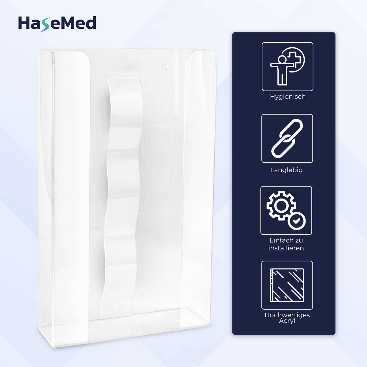 HaseMed HAS-35 houder van acryl met veer voor drie handschoenendozen, afgebeeld met kenmerken. Er wordt één houder geleverd.