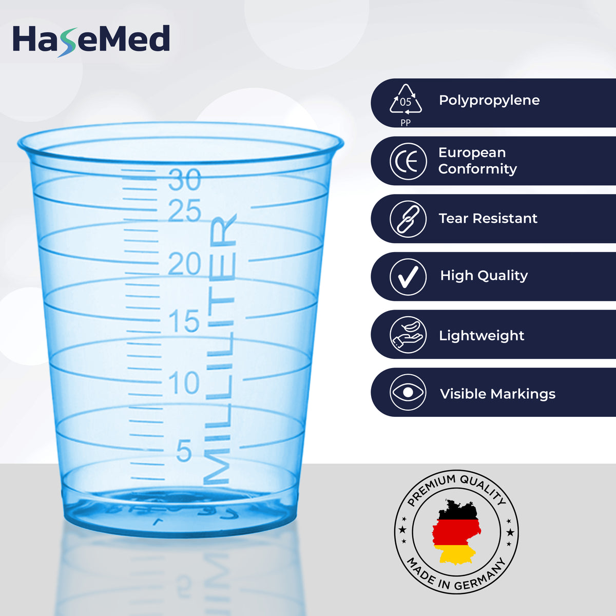 Afbeelding met kenmerken van HaseMed medicijnbekers van 30 ml. Kleur: blauw. Verkocht als 80 bekers in één gekozen kleur, zonder deksels.