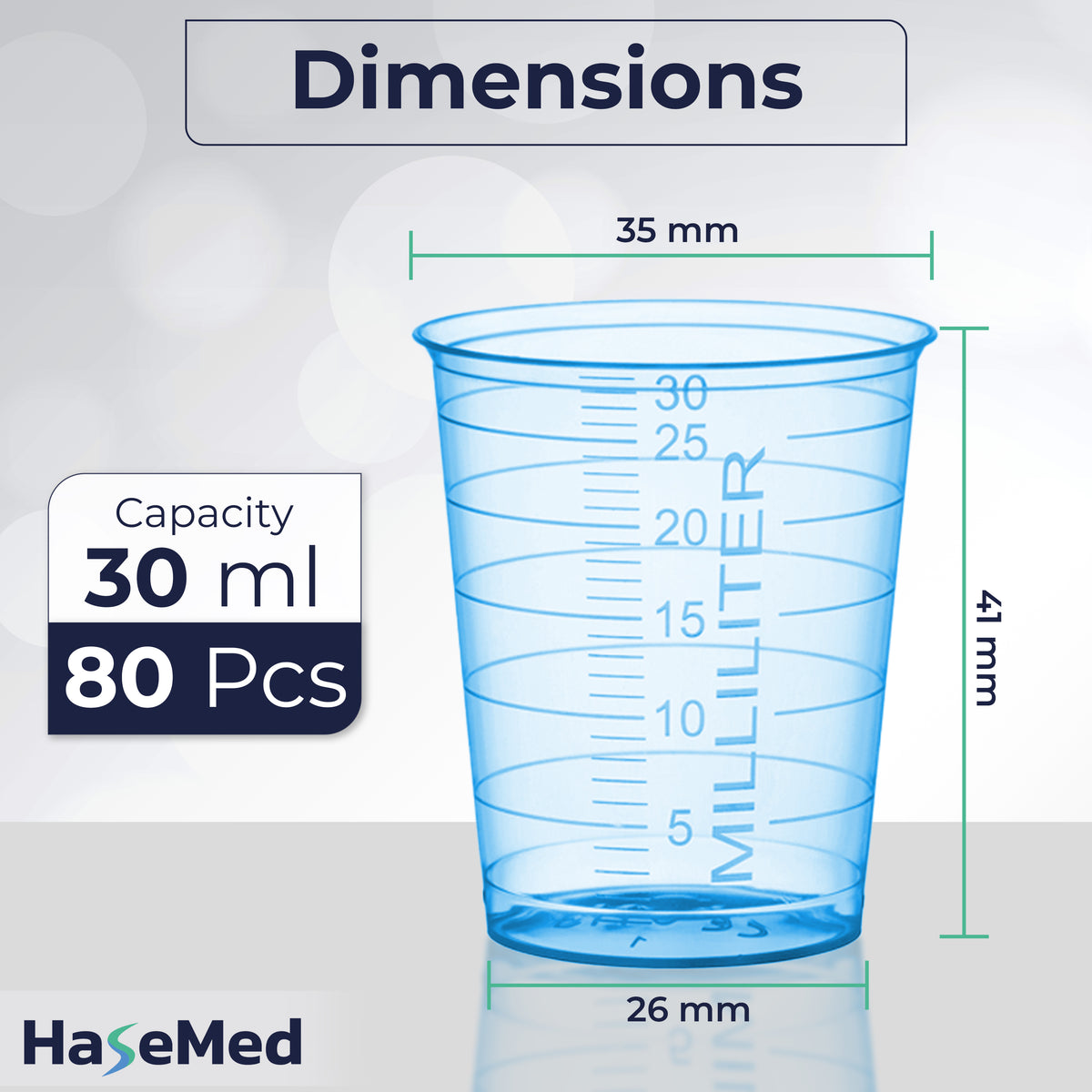 Maatafbeelding van een HaseMed medicijnbeker van 30 ml. Kleur: blauw. Verkocht als 80 bekers in één gekozen kleur, zonder deksels.