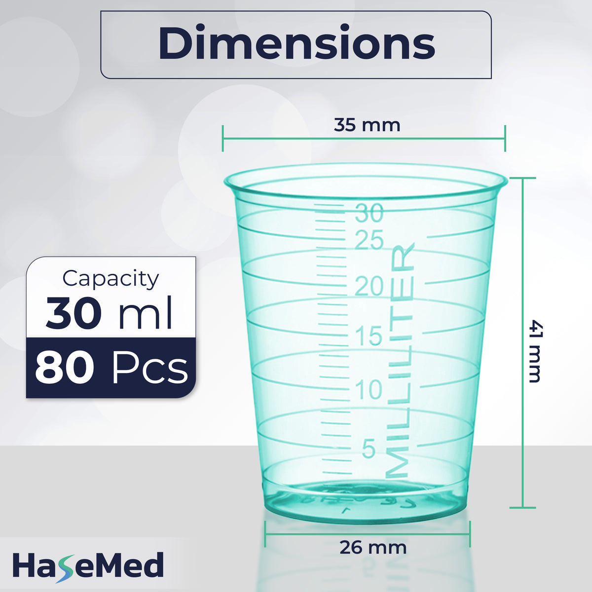 Maatafbeelding van een HaseMed medicijnbeker van 30 ml. Kleur: groen. Verkocht als 80 bekers in één gekozen kleur, zonder deksels.