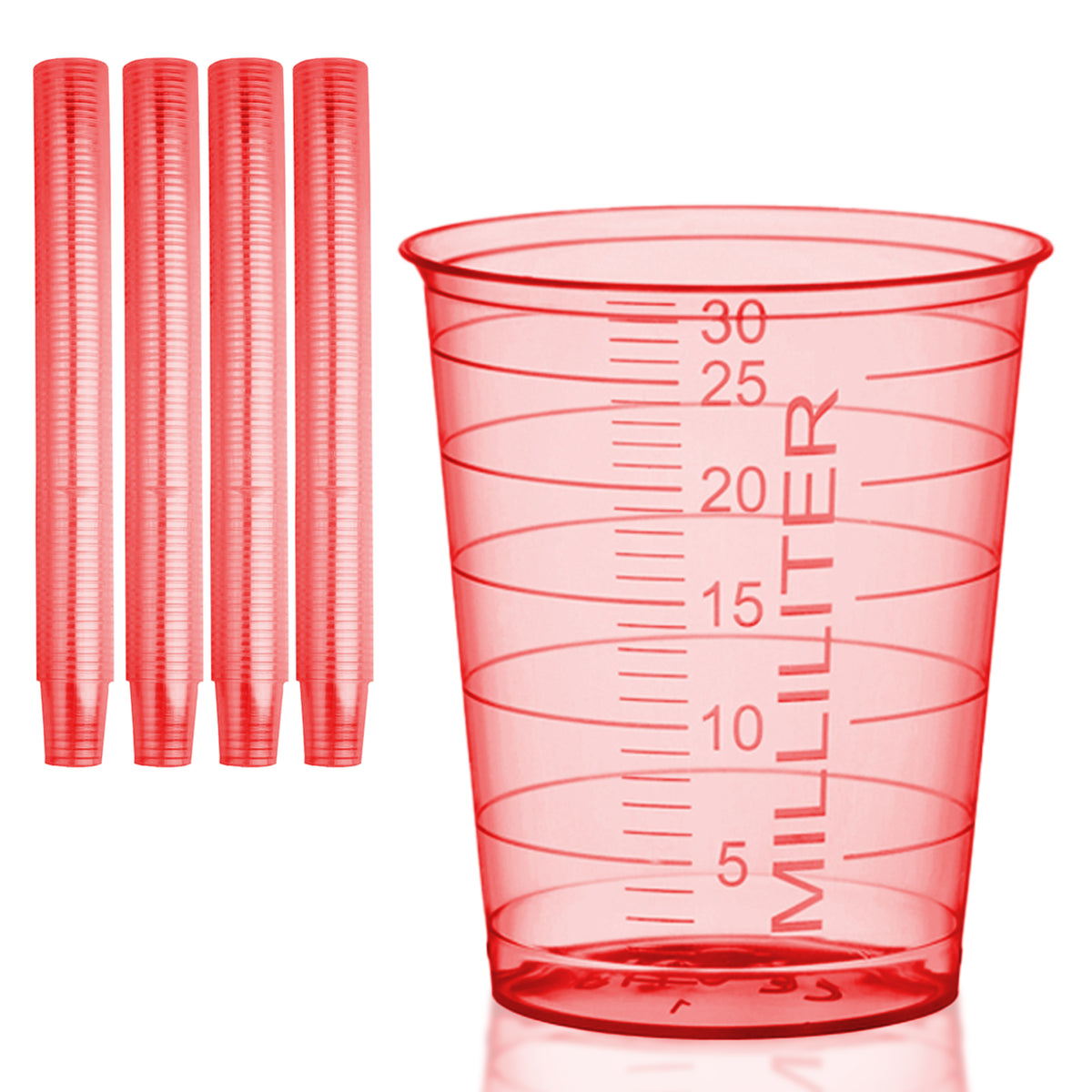 Stapels HaseMed medicijnbekers van 30 ml. Kleur: rood. Verkocht als 80 bekers in één gekozen kleur, zonder deksels.
