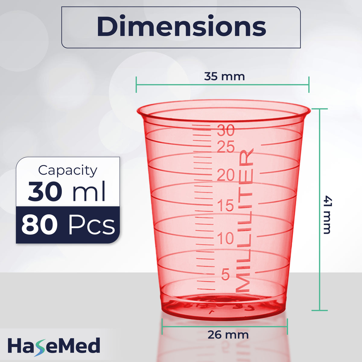 Maatafbeelding van een HaseMed medicijnbeker van 30 ml. Kleur: rood. Verkocht als 80 bekers in één gekozen kleur, zonder deksels.