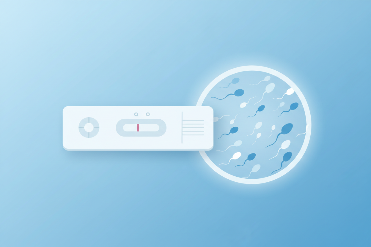 Fruchtbarkeitstest für Männer - Sperma-Schnelltest Kassette mit Ergebnis neben Verpackung auf hellem Hintergrund