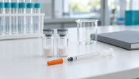 Two unlabeled vials of lyophilized peptide powder, a U-100 insulin syringe, a beaker and a notebook on a white laboratory bench