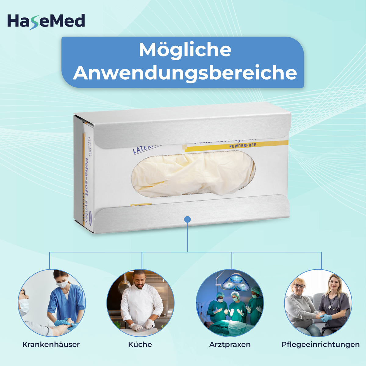 Roestvrijstalen HaseMed HAS-30 houder met veer voor één handschoenendoos, afgebeeld met één doos en gebruiksvoorbeelden. Er wordt één houder geleverd. Handschoenen en dozen zijn niet inbegrepen.