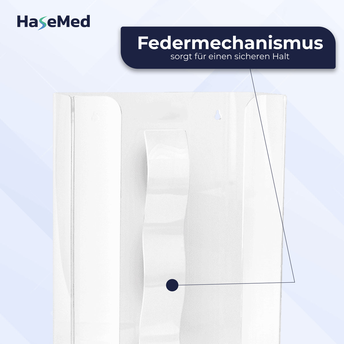 Veerdetail van de HaseMed HAS-35 houder van acryl voor drie handschoendozen; Duitse tekst.