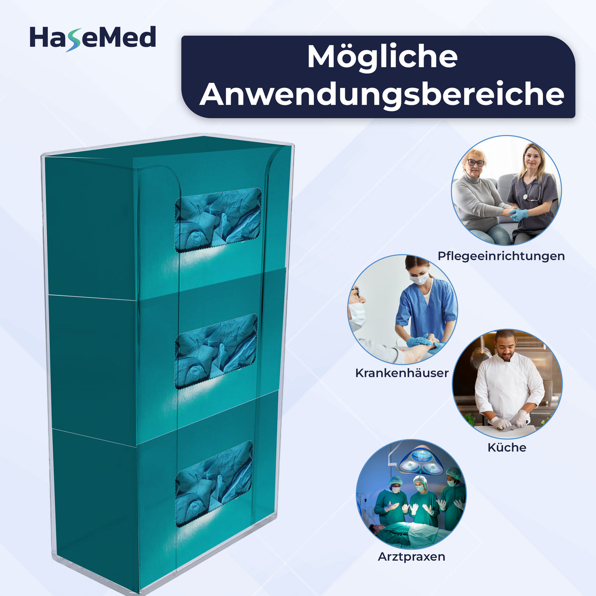 HaseMed HAS-35 houder van acryl met veer voor drie handschoenendozen, afgebeeld met dozen en gebruiksvoorbeelden. Er wordt één houder geleverd. Handschoenen en dozen zijn niet inbegrepen.
