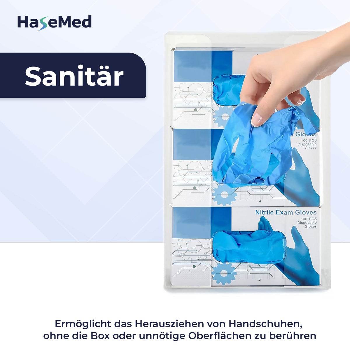 HaseMed HAS-35 houder van acryl met veer voor drie handschoenendozen, afgebeeld tijdens het uitnemen van een handschoen, met een toelichtend bijschrift. Er wordt één houder geleverd. Handschoenen en dozen zijn niet inbegrepen.