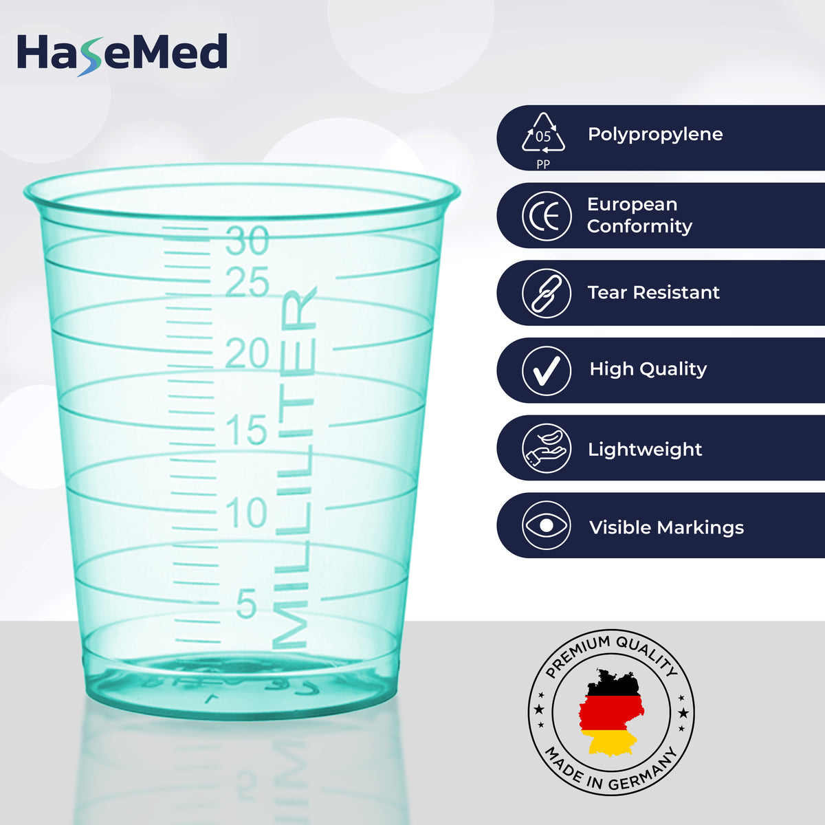 Afbeelding met kenmerken van HaseMed medicijnbekers van 30 ml. Kleur: groen. Verkocht als 80 bekers in één gekozen kleur, zonder deksels.
