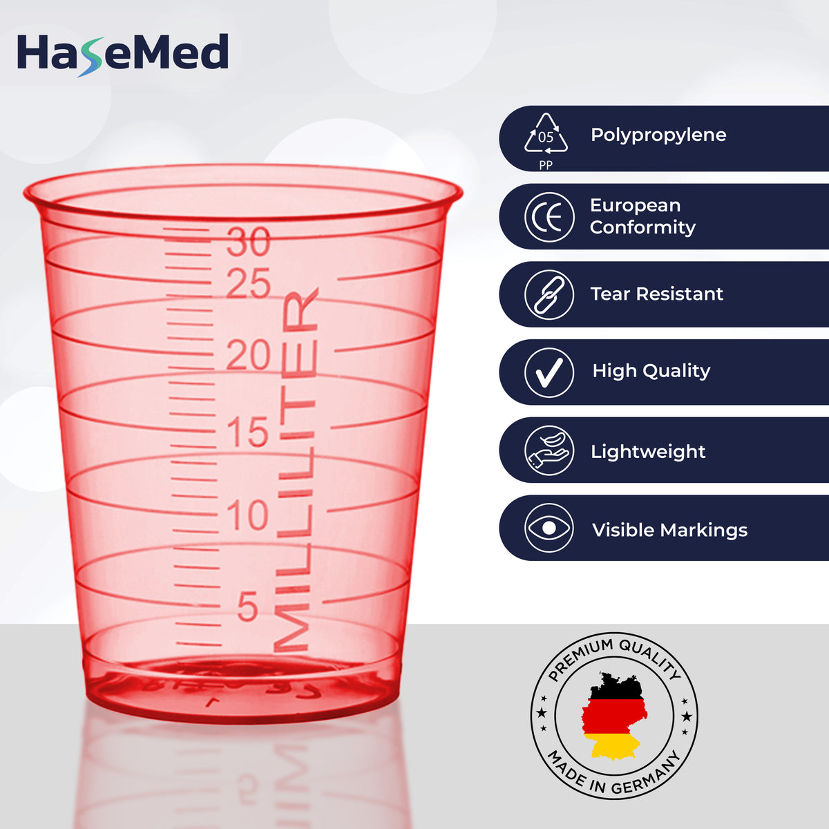 Afbeelding met kenmerken van HaseMed medicijnbekers van 30 ml. Kleur: rood. Verkocht als 80 bekers in één gekozen kleur, zonder deksels.