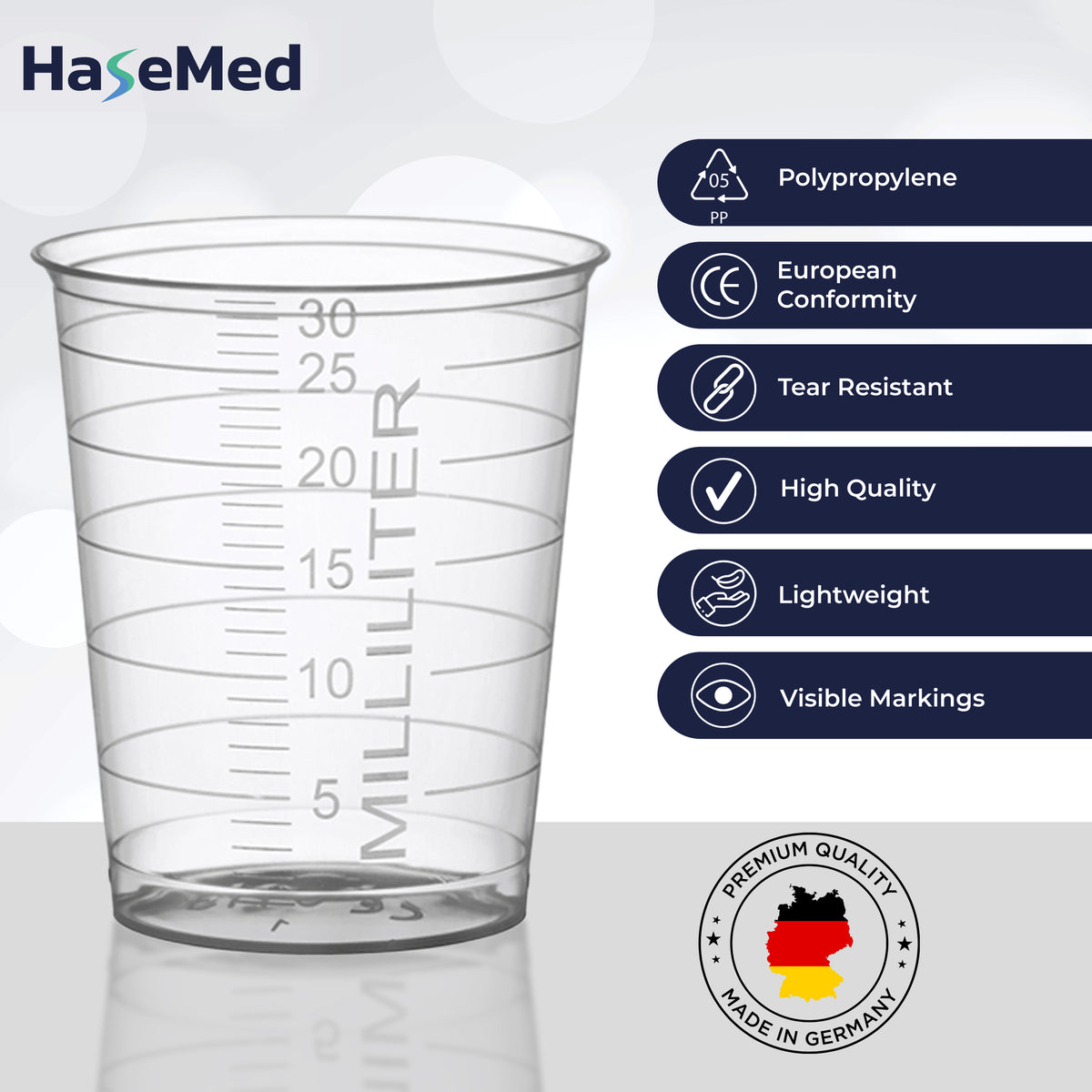 Afbeelding met kenmerken van HaseMed medicijnbekers van 30 ml. Kleur: transparant. Verkocht als 80 bekers in één gekozen kleur, zonder deksels.