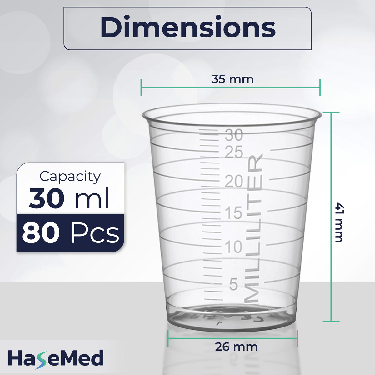 Maatafbeelding van een HaseMed medicijnbeker van 30 ml. Kleur: transparant. Verkocht als 80 bekers in één gekozen kleur, zonder deksels.