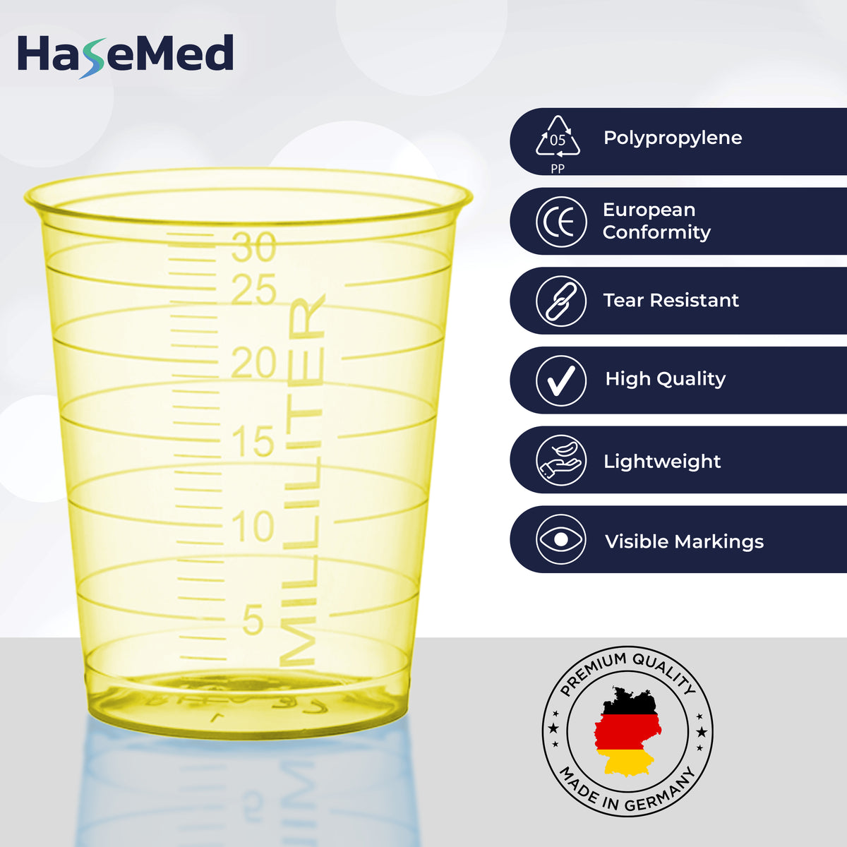 Afbeelding met kenmerken van HaseMed medicijnbekers van 30 ml. Kleur: geel. Verkocht als 80 bekers in één gekozen kleur, zonder deksels.