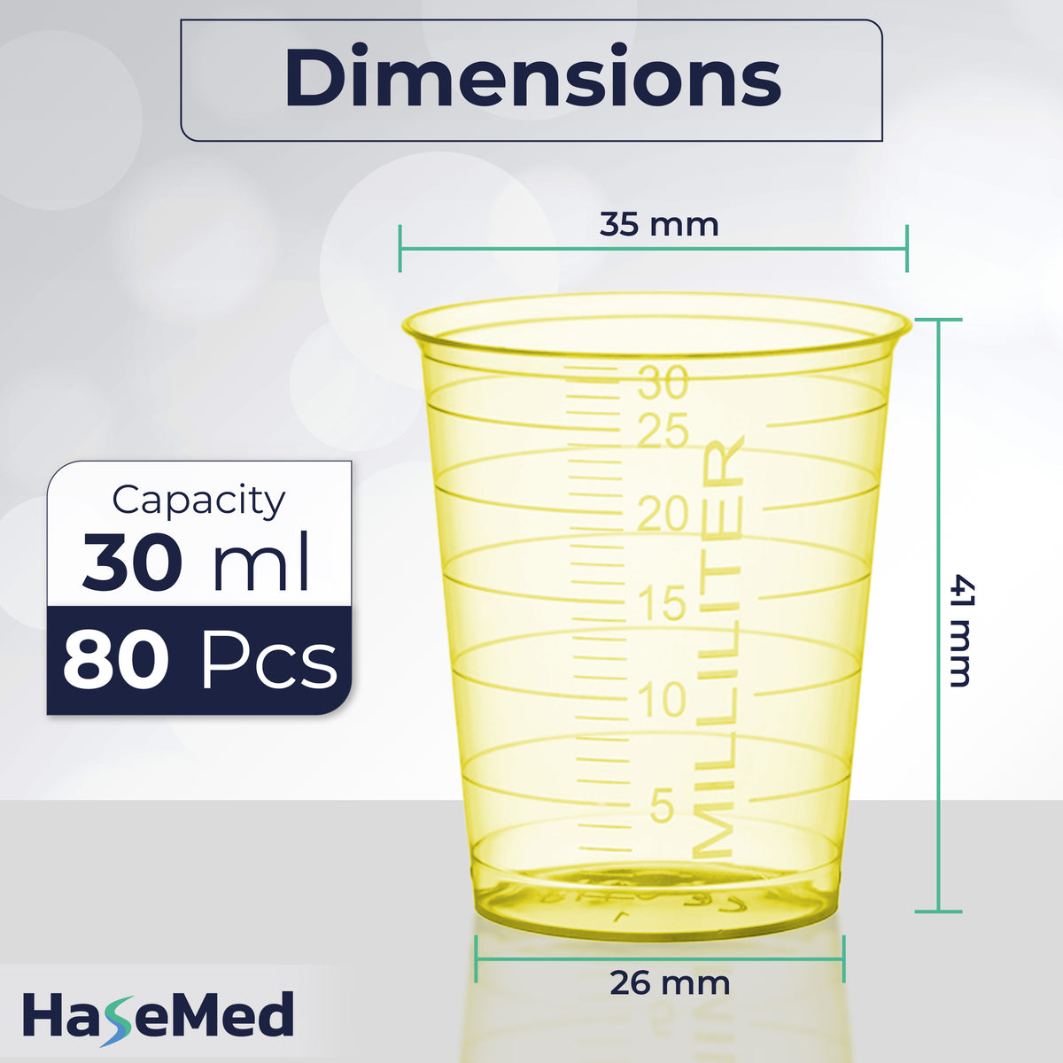 Maatafbeelding van een HaseMed medicijnbeker van 30 ml. Kleur: geel. Verkocht als 80 bekers in één gekozen kleur, zonder deksels.