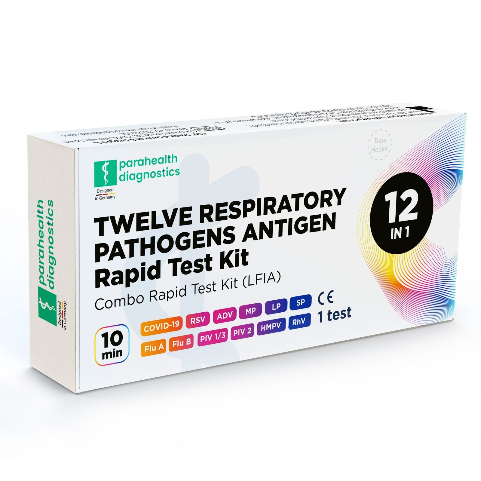 parahealth diagnostics 12-in-1 Respiratory Multitest cassette with six dual-detection windows for COVID-19, Influenza A/B, RSV, Adenovirus, Mycoplasma pneumoniae, HMPV, Rhinovirus, Parainfluenza 1/3 and 2, Streptococcus pneumoniae and Legionella pneumophila